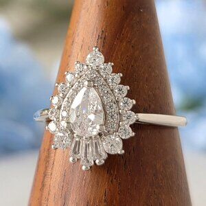 Vintage Style Edwardian Pear Halo Ring - 925 Sterling Silver  Art Deco